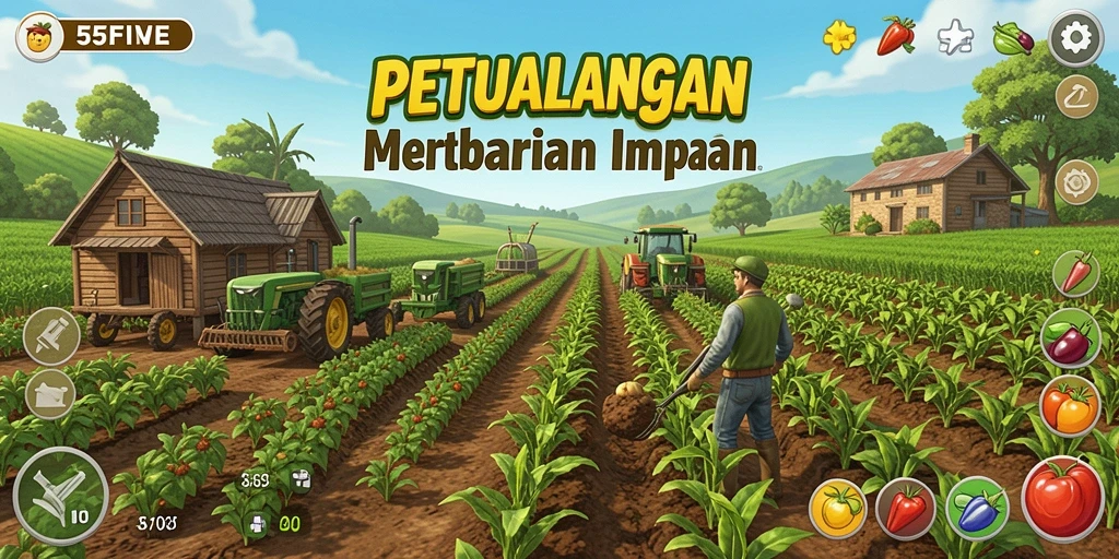 Tangkapan layar gameplay 55FIVE menampilkan petualangan pertanian yang seru.