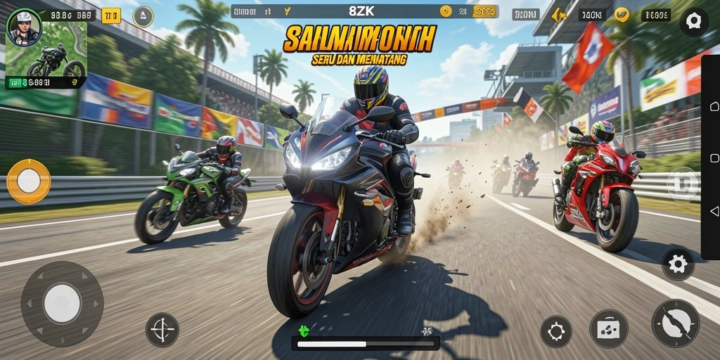 Gameplay seru 8ZK dengan balapan motor yang mendebarkan.