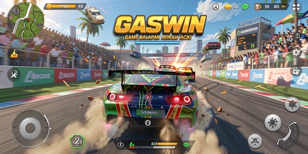 Screenshot dari gameplay GASWIN menampilkan balapan yang intens dan mobil yang menakjubkan.