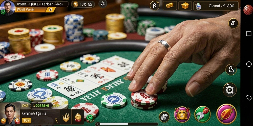 Tampilan gameplay seru dalam JVS88 dengan suasana QiuQiu yang mendebarkan.